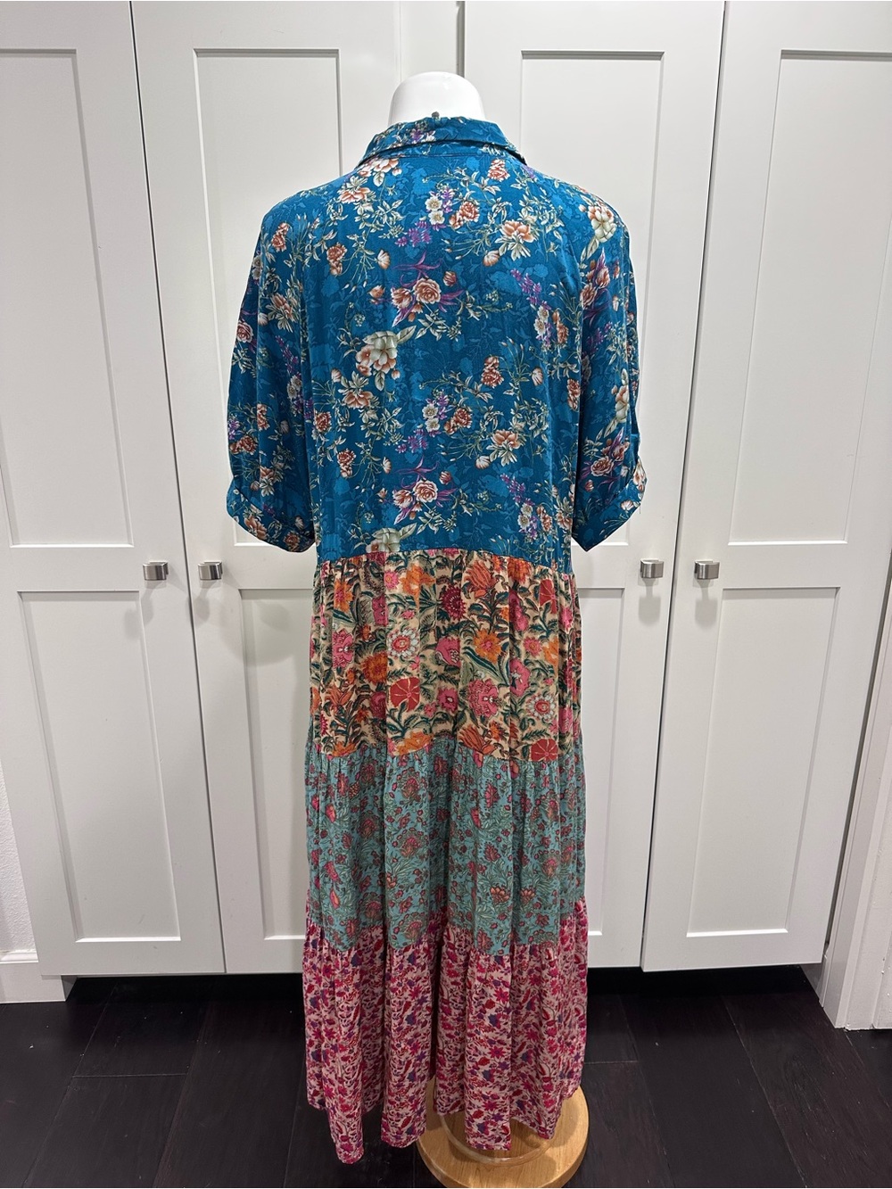 Natural Life Rebecca Midi Dress Blue Patchwork Floral Collared Boho Cottagecore - Picture 5 of 6